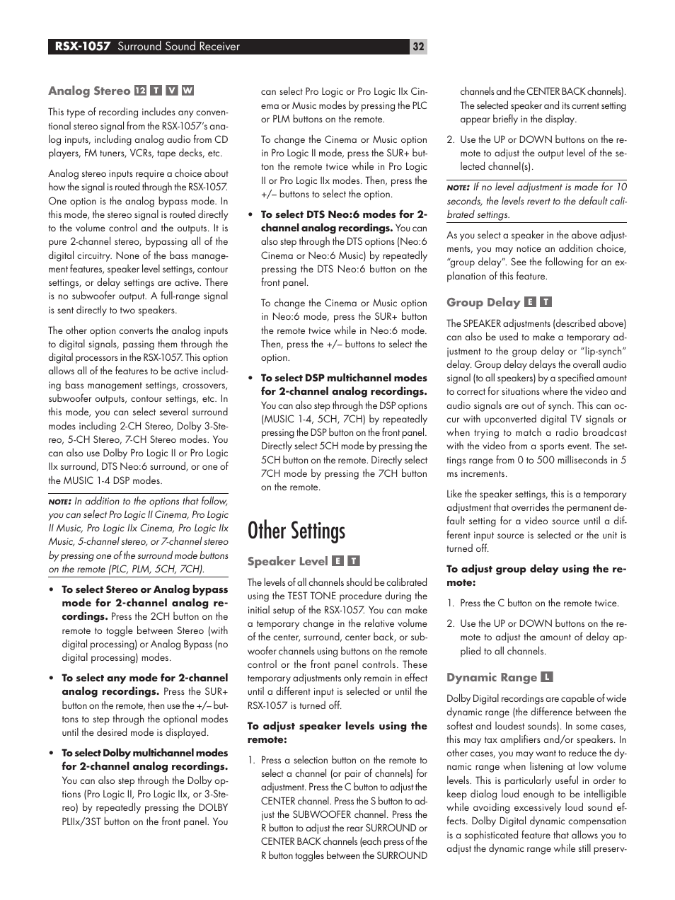 Analog stereo, Other settings, Speaker level | Group delay, Dynamic range | ROTEL RSX-1057 User Manual | Page 32 / 48