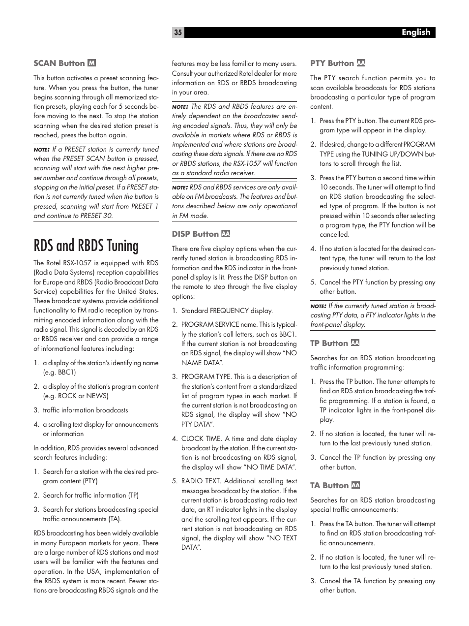 Scan button, Rds and rbds tuning, Disp button | Pty button, Tp button, Ta button | ROTEL RSX-1057 User Manual | Page 35 / 48