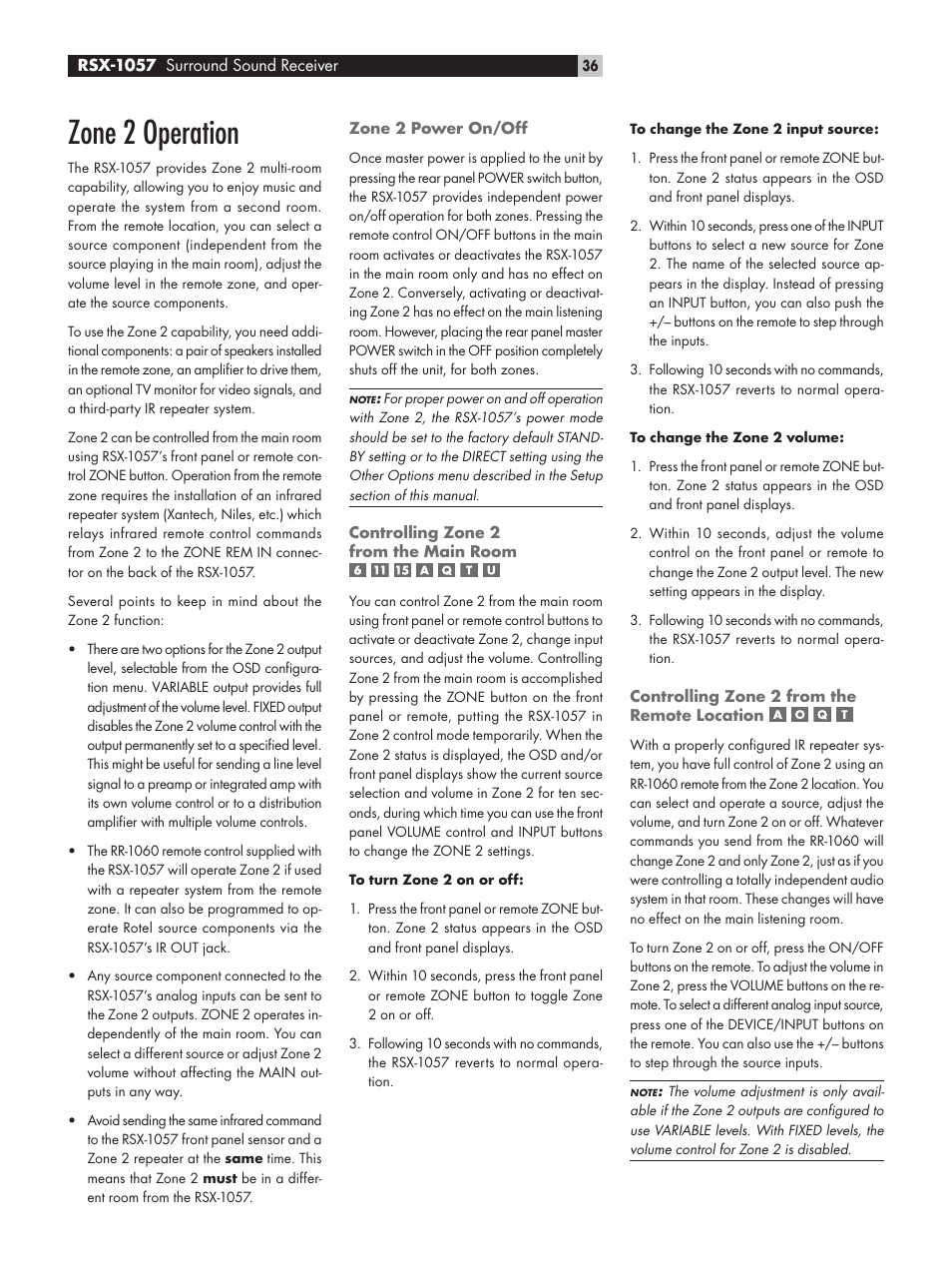 Zone 2 operation, Zone 2 power on/off, Controlling zone 2from the main room | Controlling zone 2 from the remote location | ROTEL RSX-1057 User Manual | Page 36 / 48