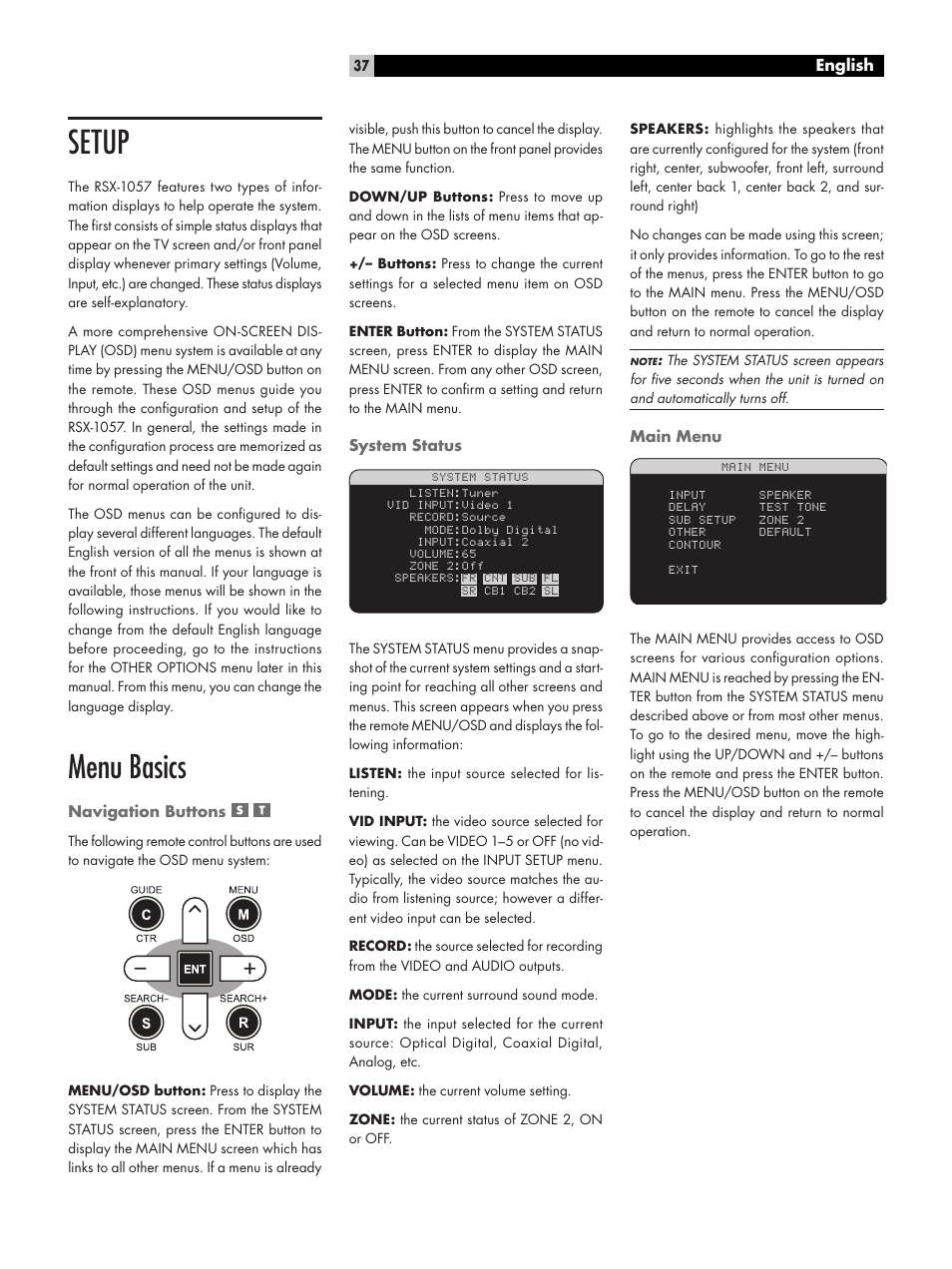 Setup, Menu basics, Navigation buttons | System status, Main menu | ROTEL RSX-1057 User Manual | Page 37 / 48