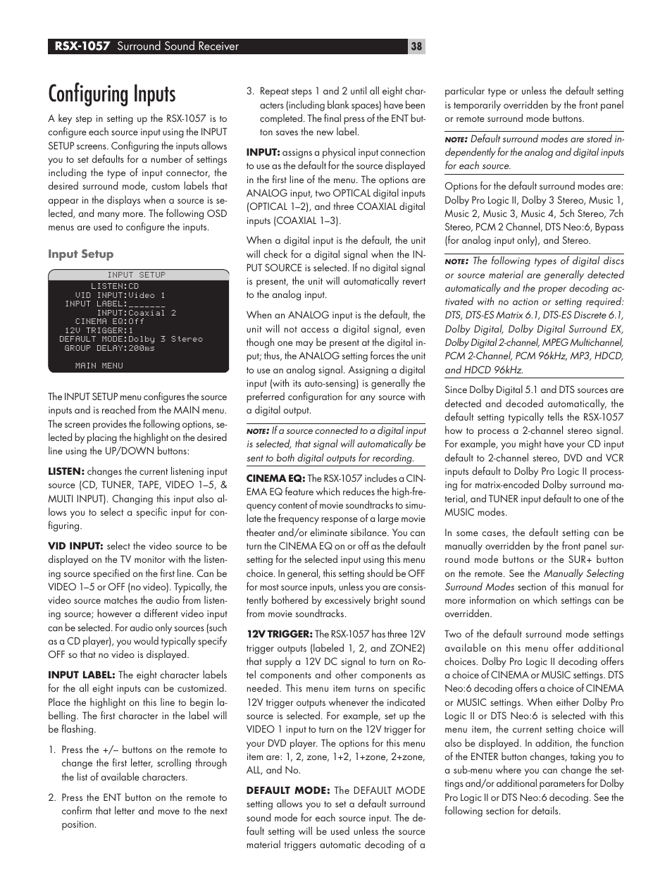 Configuring inputs, Input setup, Conﬁguring inputs | ROTEL RSX-1057 User Manual | Page 38 / 48