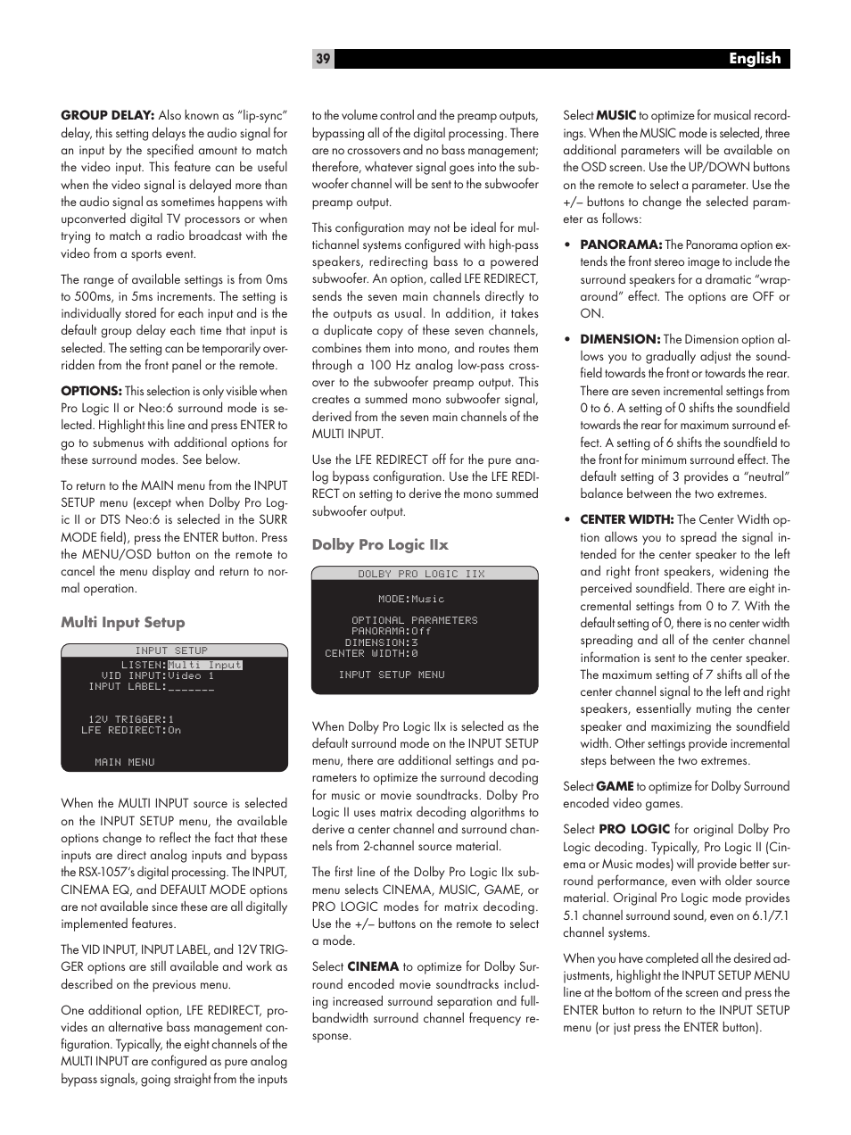 Multi input setup, Dolby pro logic iix | ROTEL RSX-1057 User Manual | Page 39 / 48