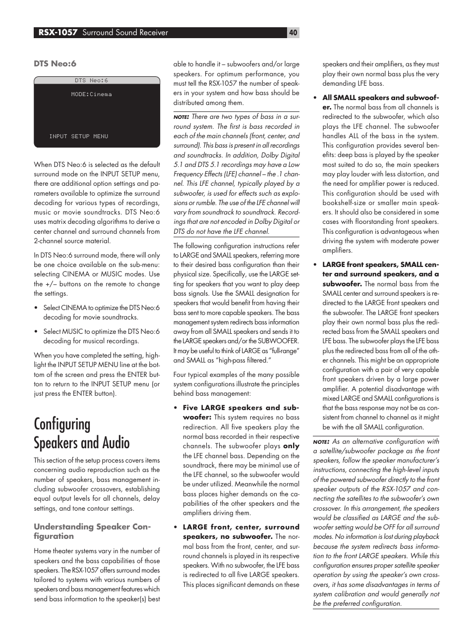 Dts neo:6, Configuringspeakers and audio, Understanding speaker configuration | Conﬁguring speakers and audio | ROTEL RSX-1057 User Manual | Page 40 / 48