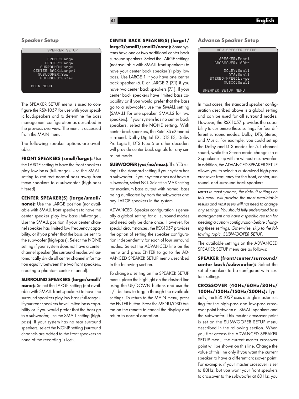 Speaker setup, Advance speaker setup | ROTEL RSX-1057 User Manual | Page 41 / 48