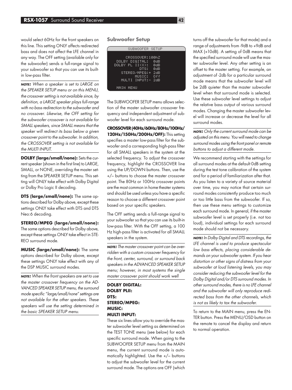 Subwoofer setup, Rsx-1057 surround sound receiver | ROTEL RSX-1057 User Manual | Page 42 / 48