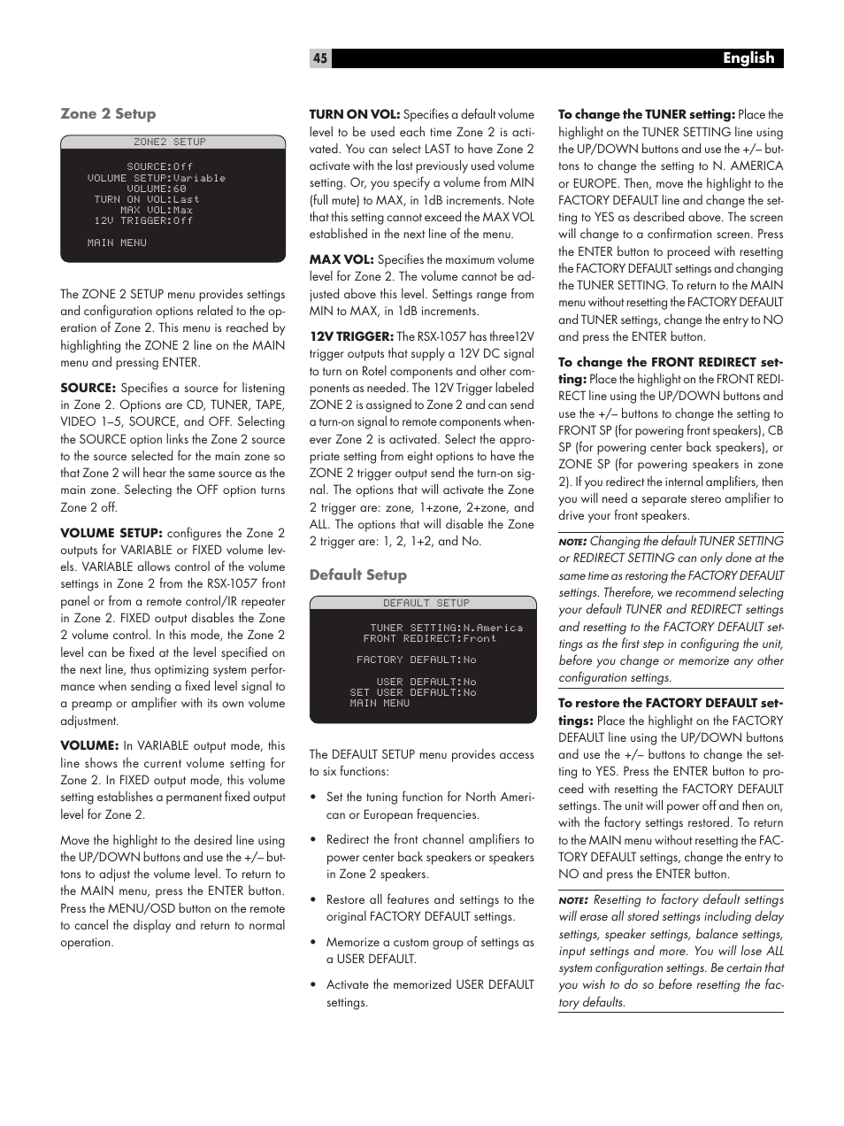 Zone 2 setup, Default setup | ROTEL RSX-1057 User Manual | Page 45 / 48