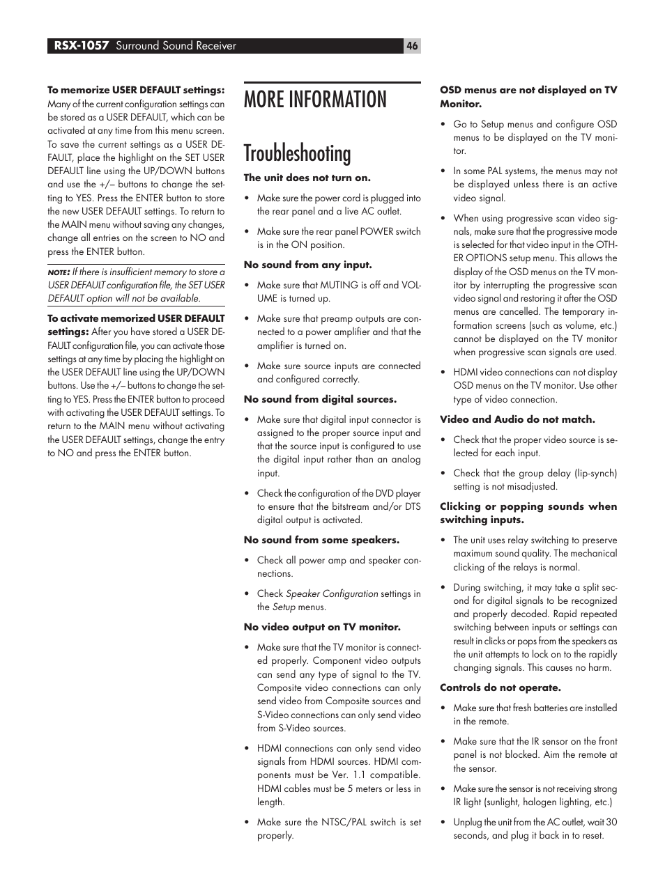 More information, Troubleshooting, More information troubleshooting | ROTEL RSX-1057 User Manual | Page 46 / 48