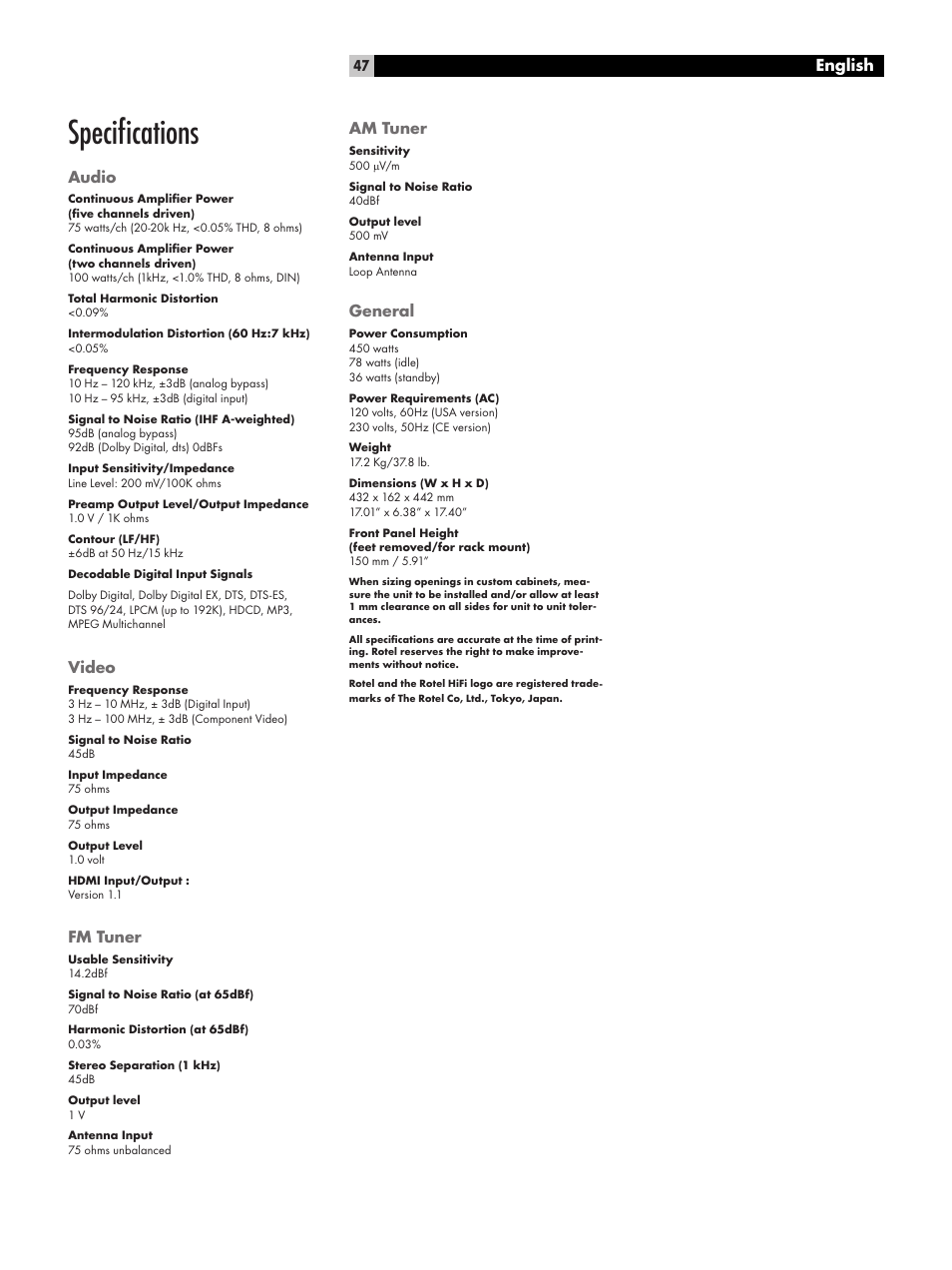 Specifications, Audio, Video | Fm tuner, Am tuner, General, Speciﬁcations, English | ROTEL RSX-1057 User Manual | Page 47 / 48