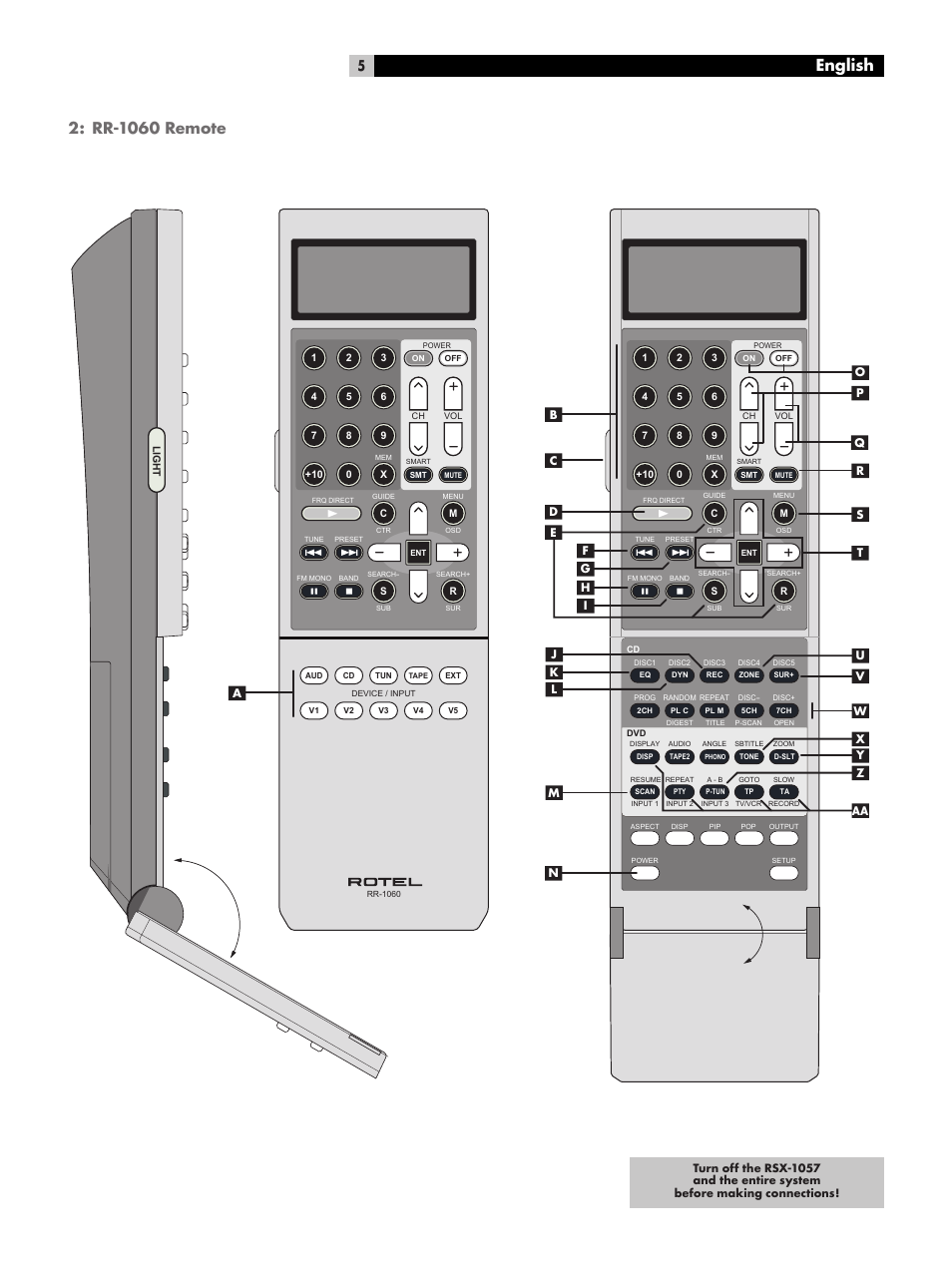 Rr‑1060 remote, English, Rr-1060 remote | ROTEL RSX-1057 User Manual | Page 5 / 48