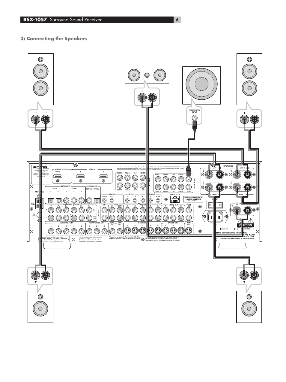 Connecting the speakers, Rsx-1057 surround sound receiver | ROTEL RSX-1057 User Manual | Page 6 / 48