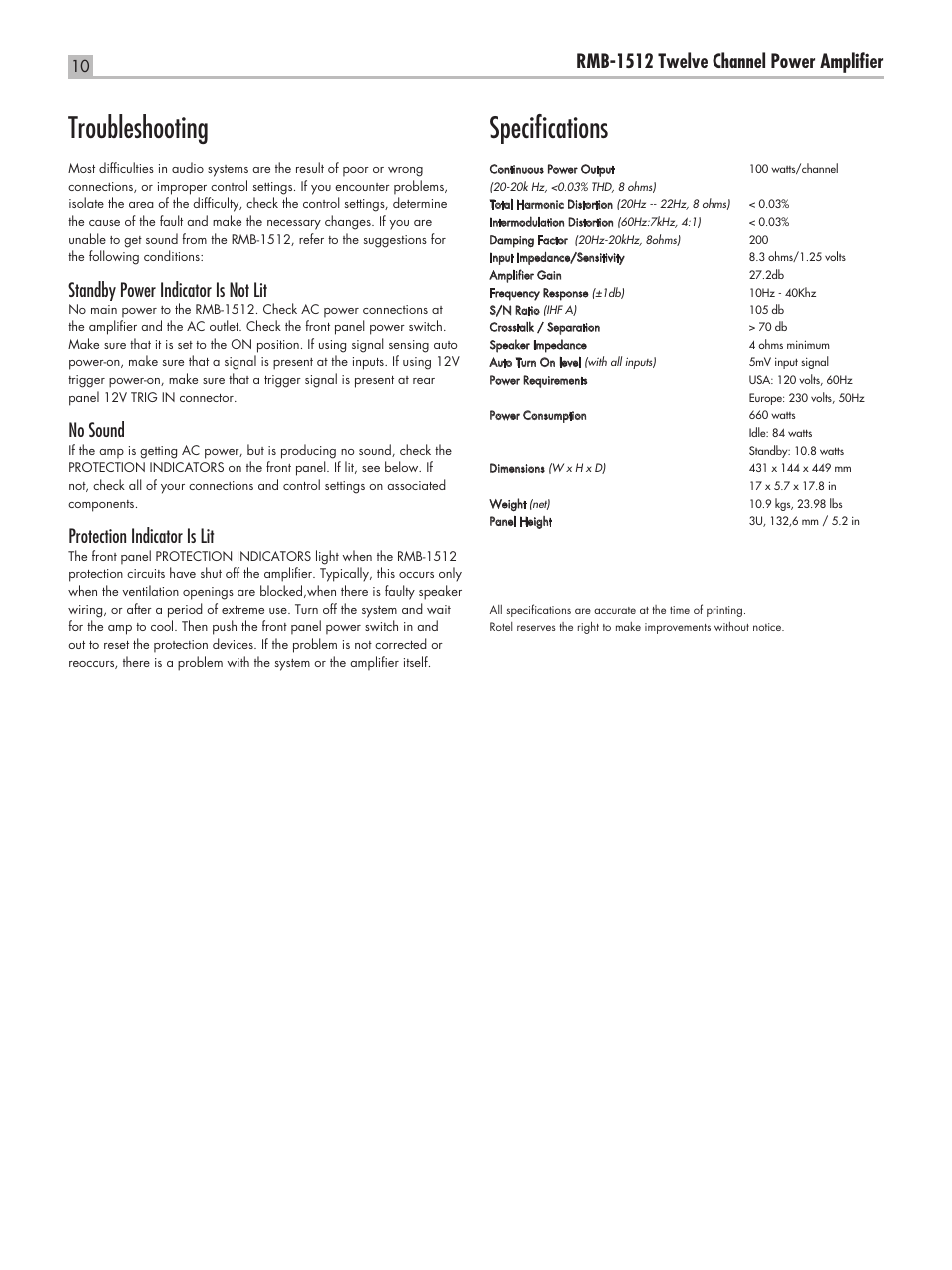 Troubleshooting, Specifications, Rmb-1512 twelve channel power ampliﬁer | Standby power indicator is not lit, No sound, Protection indicator is lit | ROTEL RC-1580 User Manual | Page 10 / 11