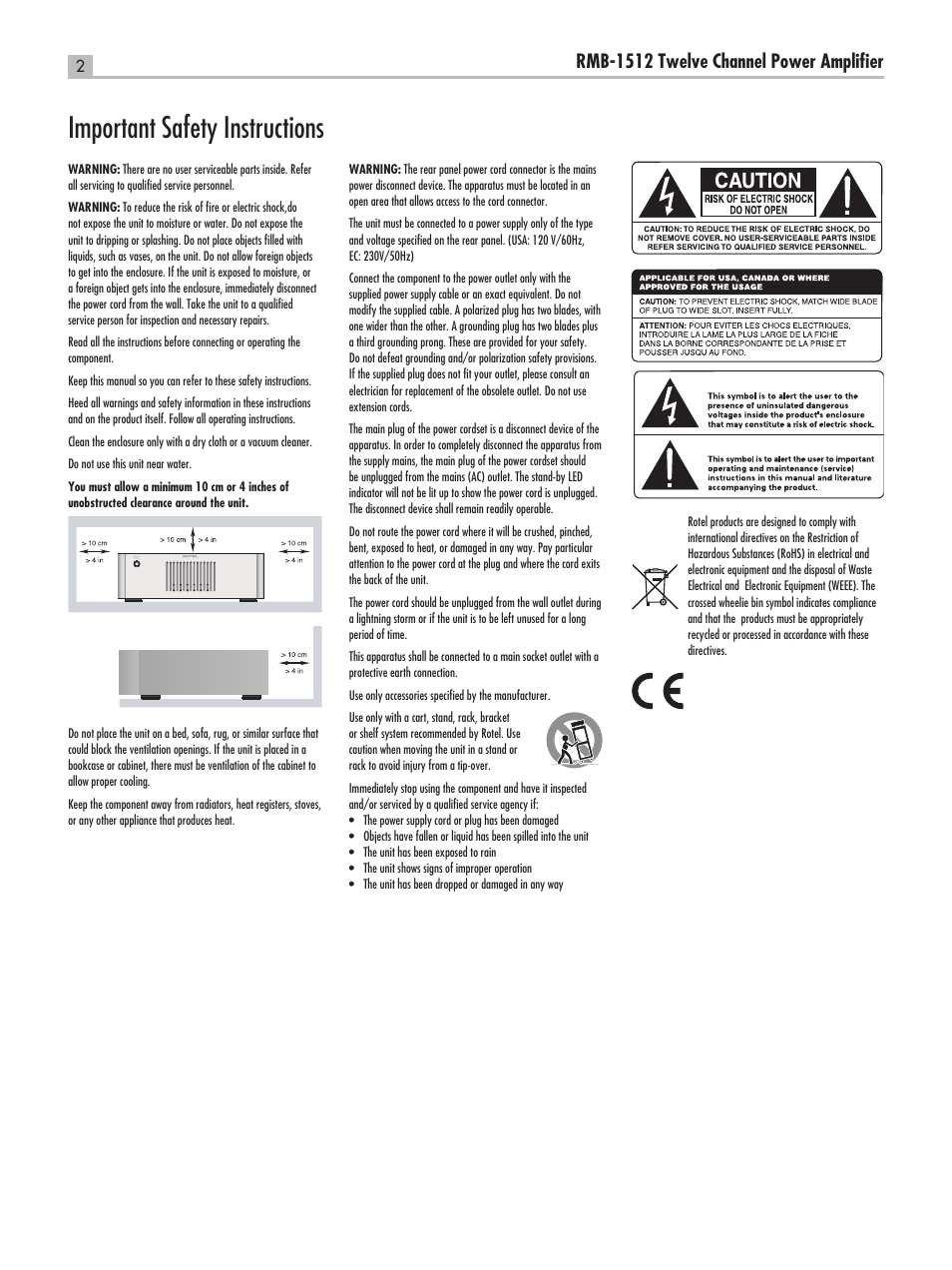 Important safety instructions, Rmb-1512 twelve channel power ampliﬁer | ROTEL RC-1580 User Manual | Page 2 / 11