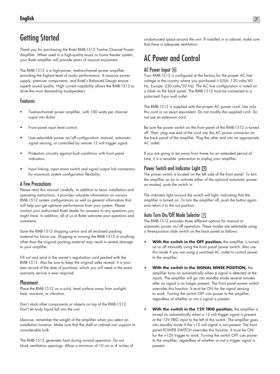 Getting started, Ac power and control, English | Features, A few precautions, Placement, Ac power input, Power switch and indicator light, Auto turn on/off mode selector | ROTEL RC-1580 User Manual | Page 7 / 11