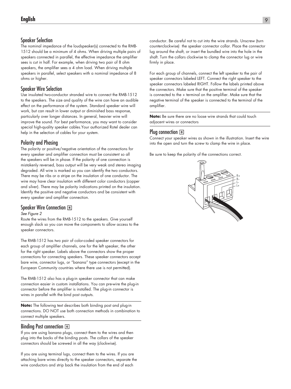 English, Plug connection, Speaker selection | Speaker wire selection, Polarity and phasing, Speaker wire connection, Binding post connection | ROTEL RC-1580 User Manual | Page 9 / 11