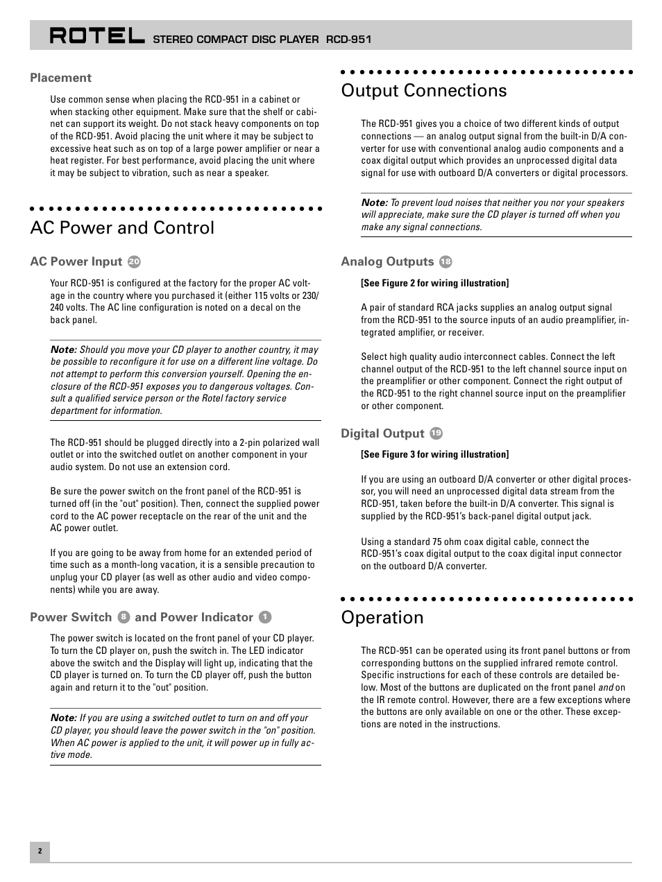 Ac power and control, Output connections, Operation | ROTEL RCD-951 User Manual | Page 6 / 9