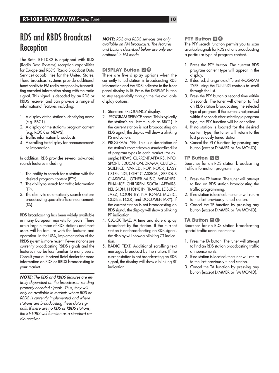 Rds and rbds broadcast reception | ROTEL RT-1082 User Manual | Page 10 / 14