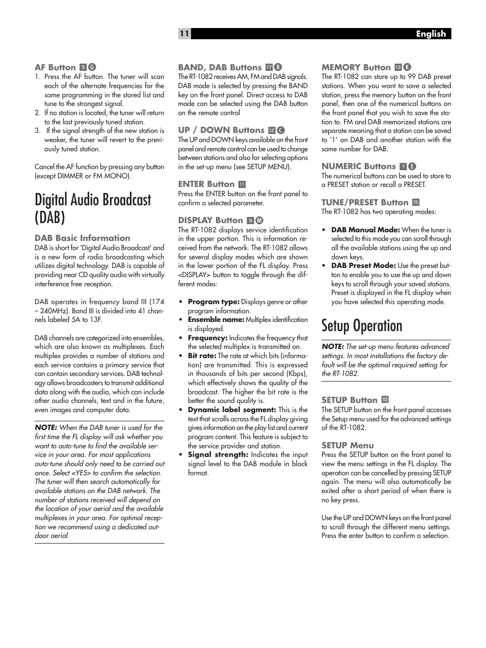 Digital audio broadcast (dab), Setup operation | ROTEL RT-1082 User Manual | Page 11 / 14