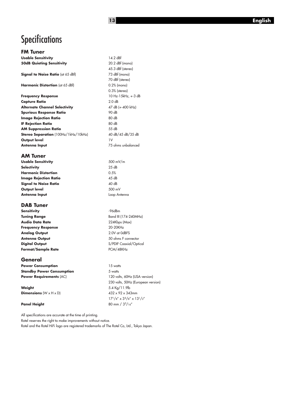 Speciﬁcations, English, Fm tuner | Am tuner, Dab tuner, General | ROTEL RT-1082 User Manual | Page 13 / 14