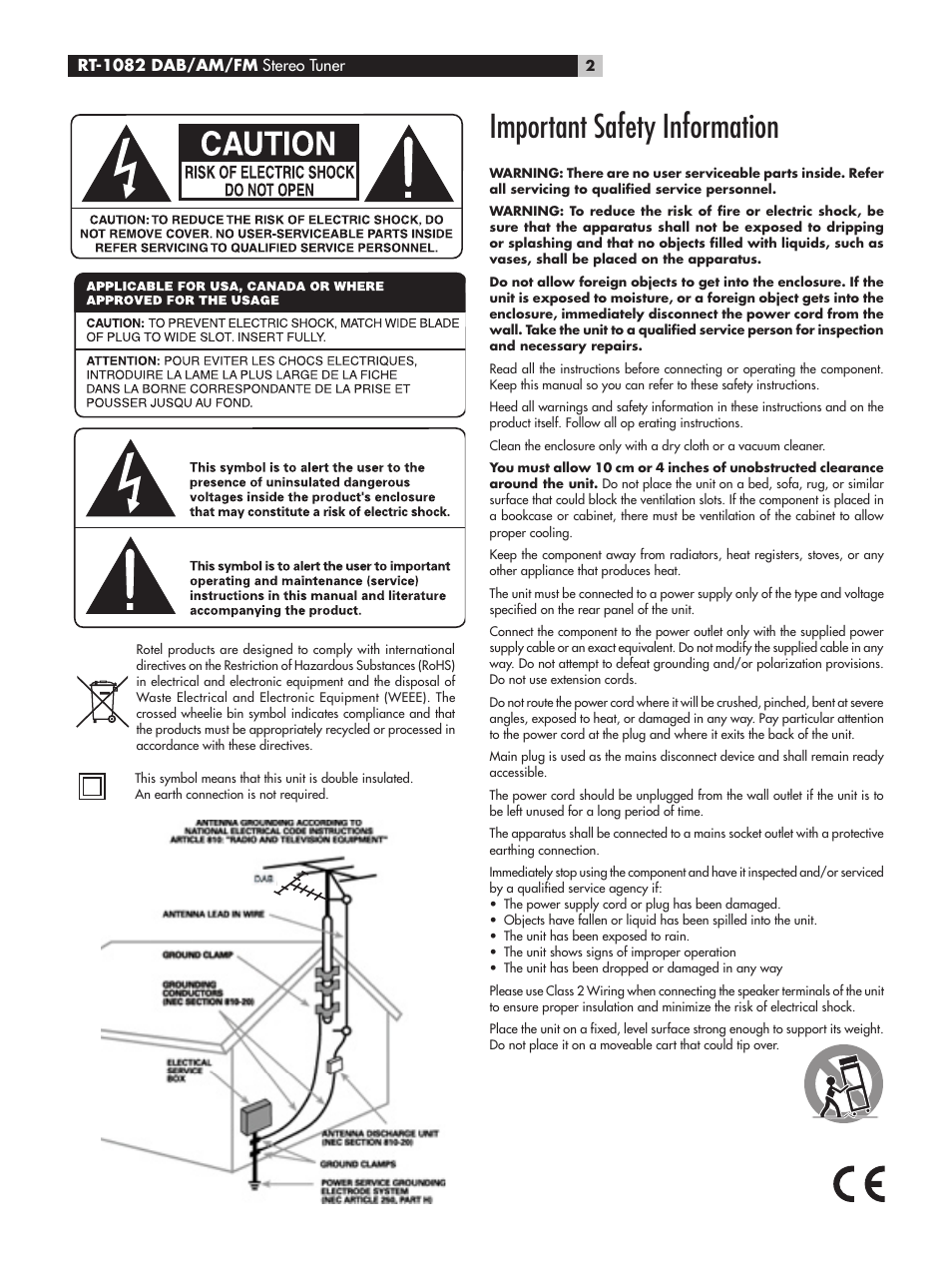 Important safety information | ROTEL RT-1082 User Manual | Page 2 / 14