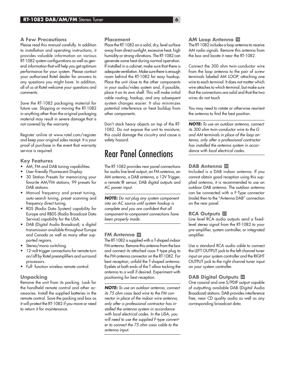 Rear panel connections | ROTEL RT-1082 User Manual | Page 6 / 14