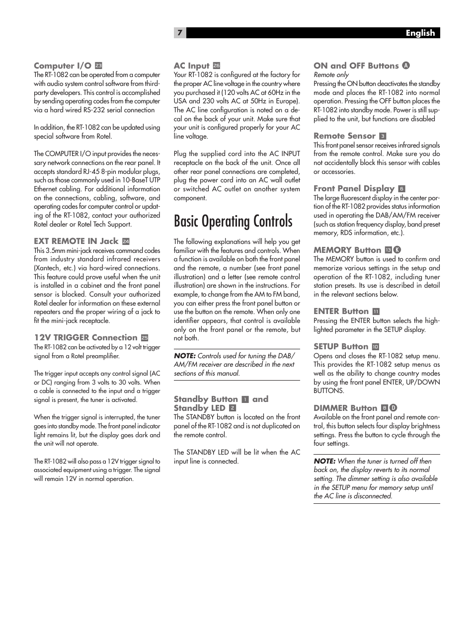Basic operating controls | ROTEL RT-1082 User Manual | Page 7 / 14
