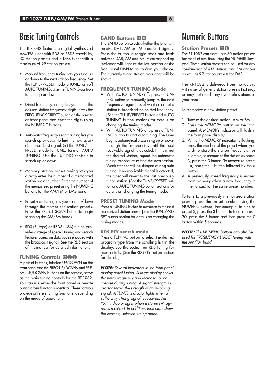 Basic tuning controls, Numeric buttons | ROTEL RT-1082 User Manual | Page 8 / 14