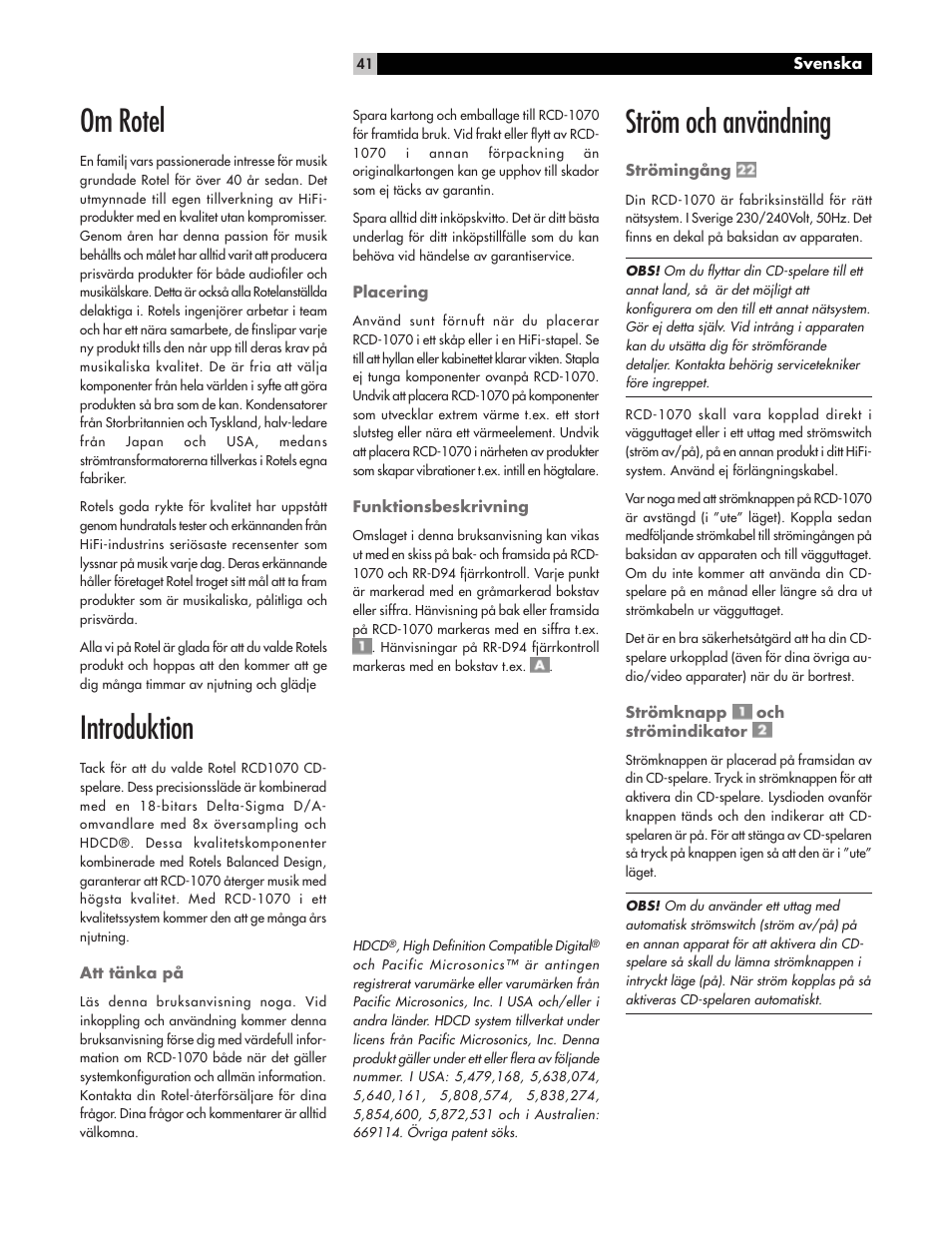 Om rotel, Introduktion, Ström och användning | ROTEL RCD-1070 User Manual | Page 5 / 10