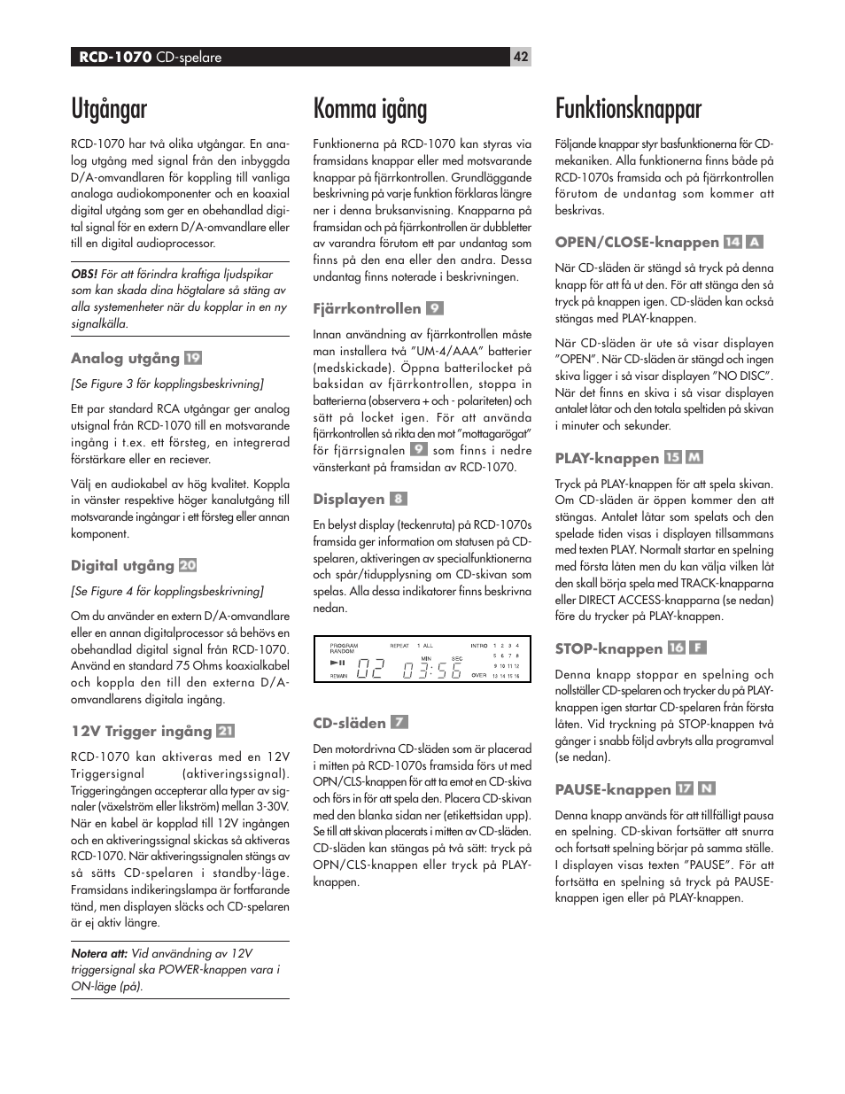 Utgångar, Komma igång, Funktionsknappar | ROTEL RCD-1070 User Manual | Page 6 / 10