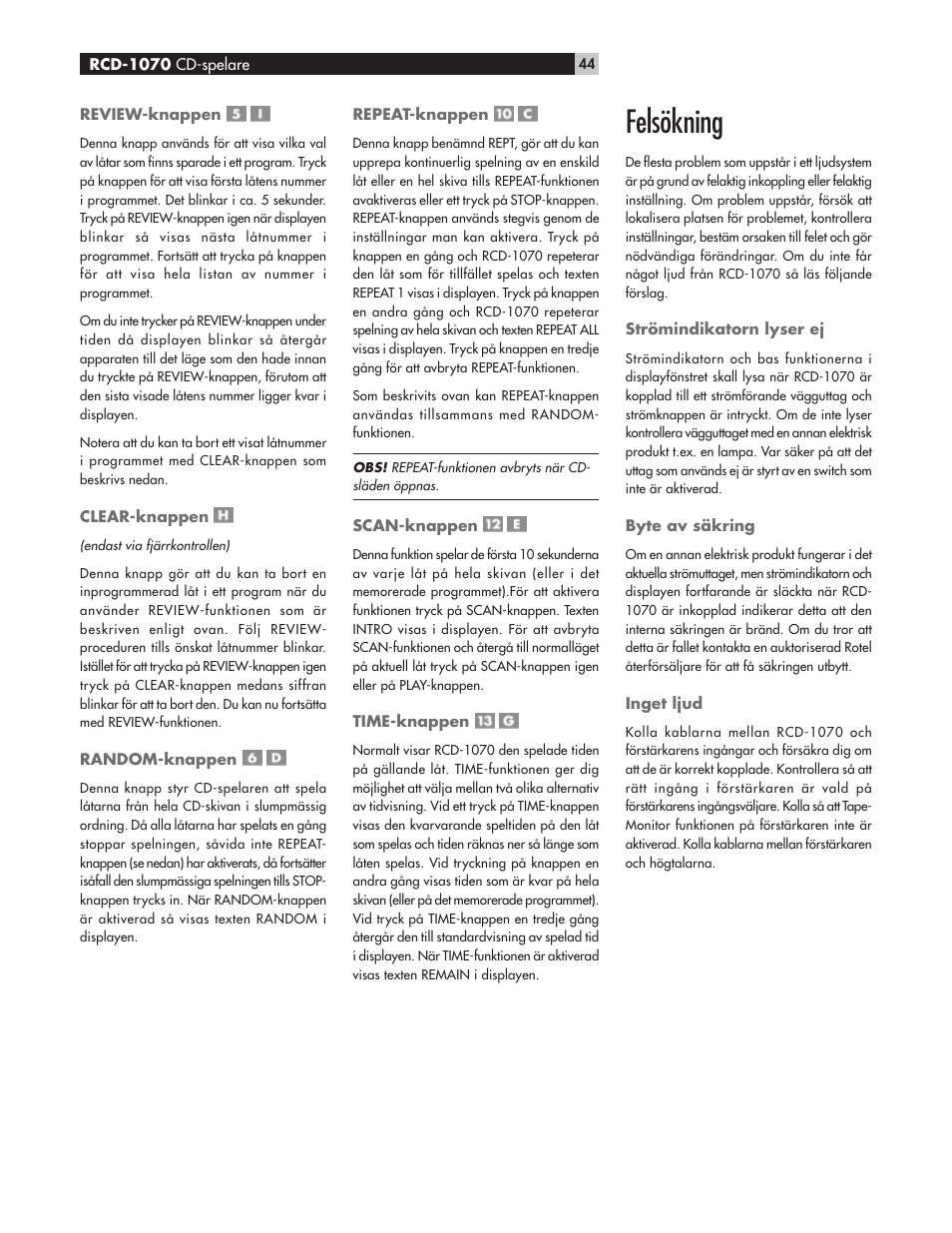 Felsökning | ROTEL RCD-1070 User Manual | Page 8 / 10