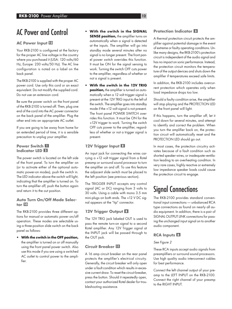 Signal connections, Ac power and control | ROTEL RKB-2100 User Manual | Page 12 / 56