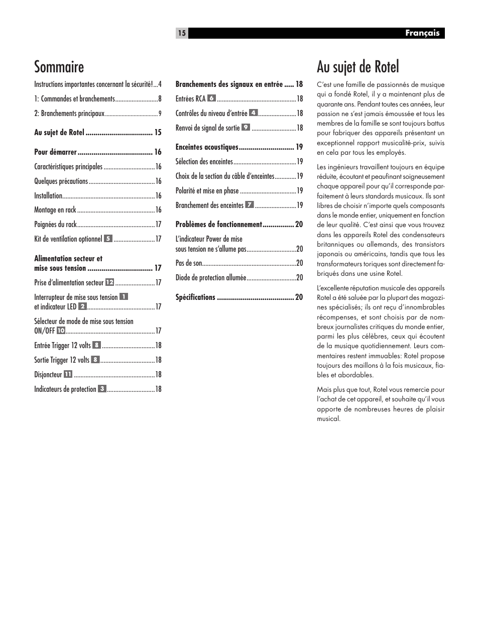 Au sujet de rotel, Sommaire | ROTEL RKB-2100 User Manual | Page 15 / 56