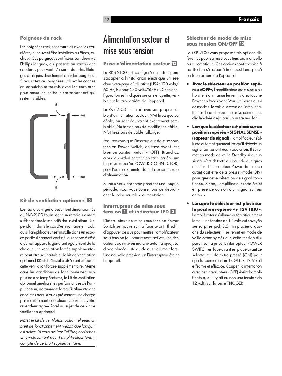 Alimentation secteur et mise sous tension | ROTEL RKB-2100 User Manual | Page 17 / 56