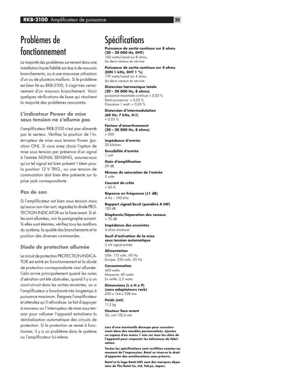 Problèmes de fonctionnement, Spéciﬁcations | ROTEL RKB-2100 User Manual | Page 20 / 56