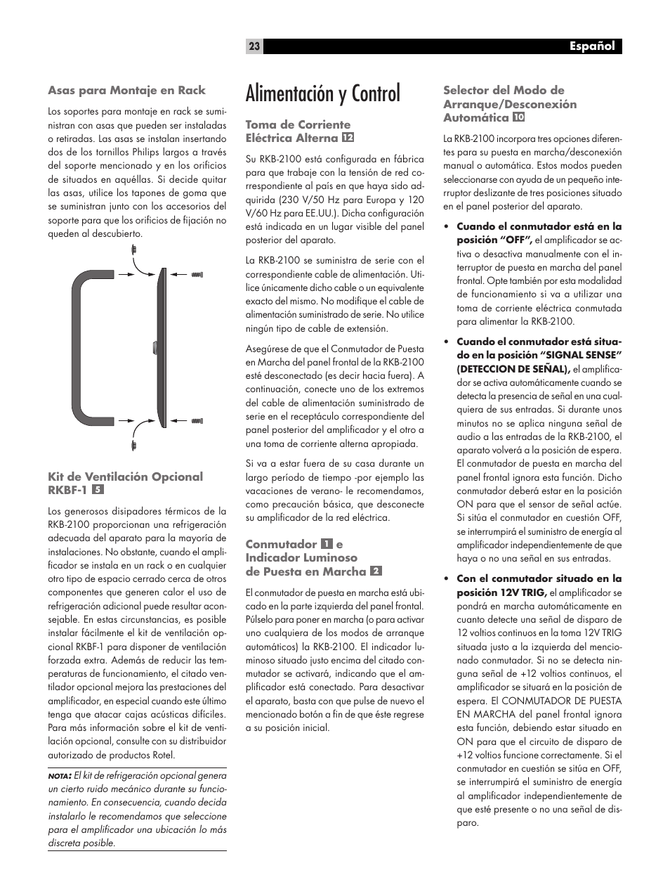 Alimentación y control | ROTEL RKB-2100 User Manual | Page 23 / 56