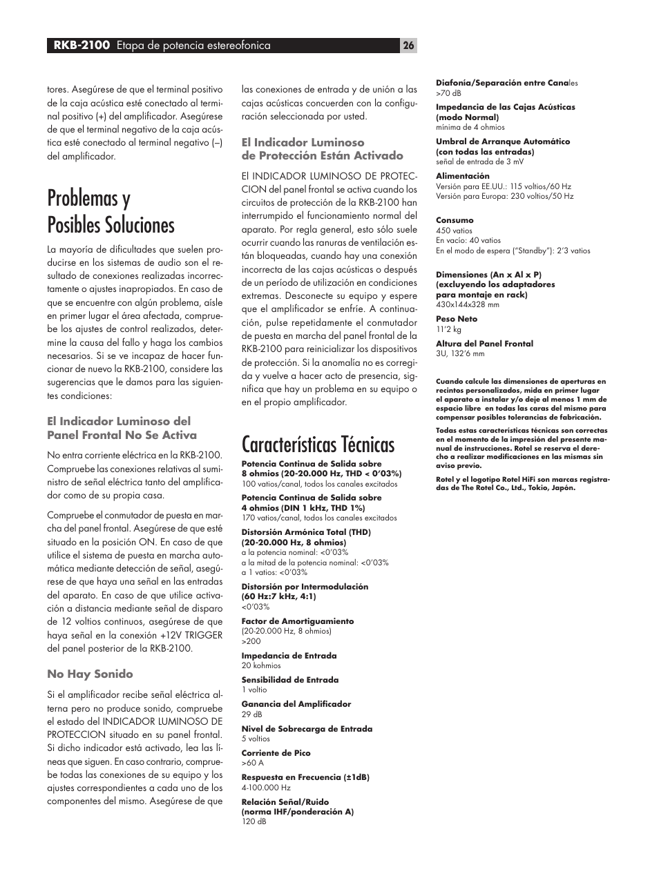 Problemas y posibles soluciones, Características técnicas, Rkb-2100 etapa de potencia estereofonica | ROTEL RKB-2100 User Manual | Page 26 / 56