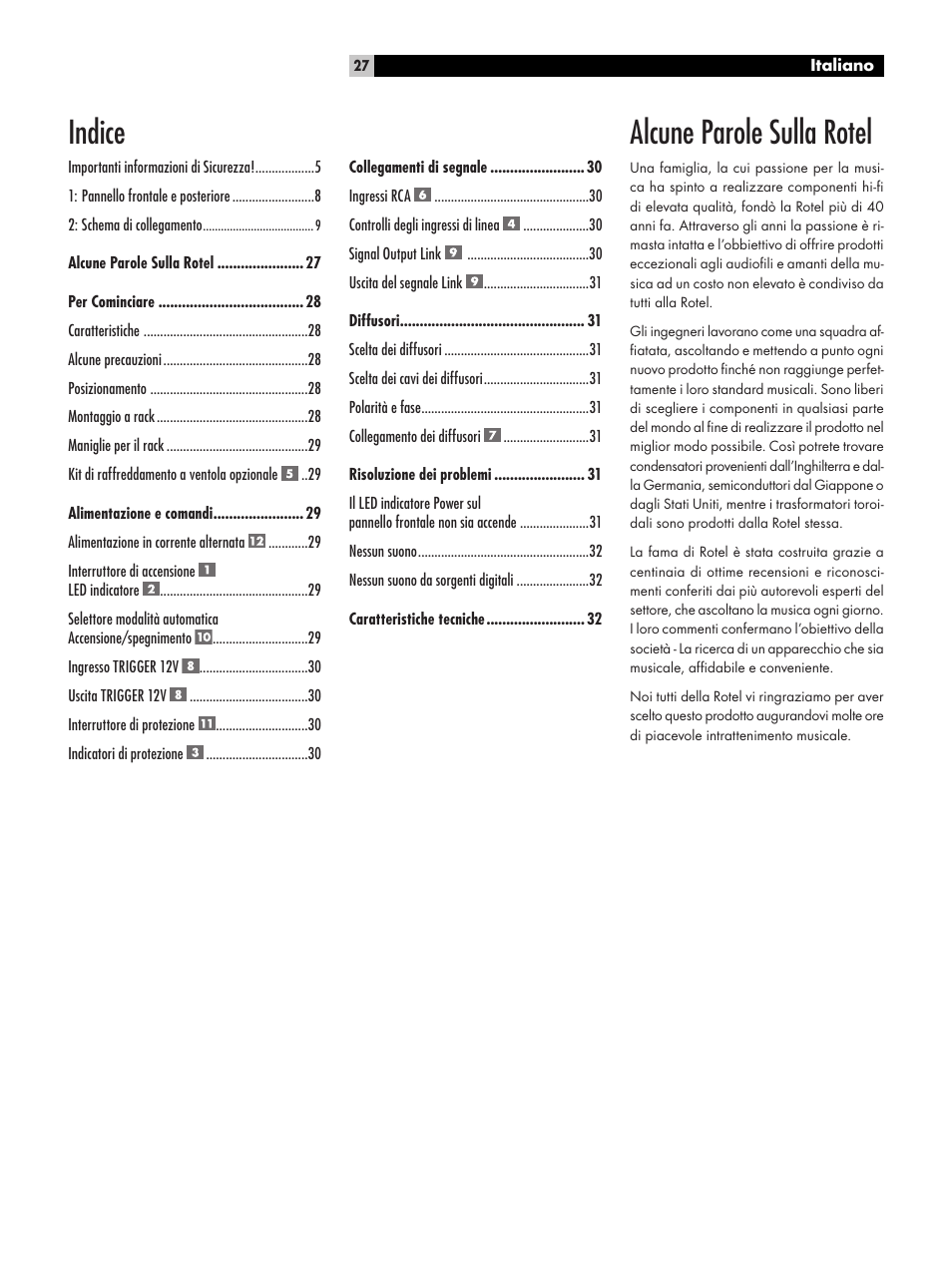 Alcune parole sulla rotel, Indice | ROTEL RKB-2100 User Manual | Page 27 / 56