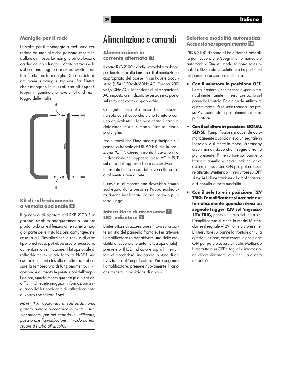 Alimentazione e comandi | ROTEL RKB-2100 User Manual | Page 29 / 56