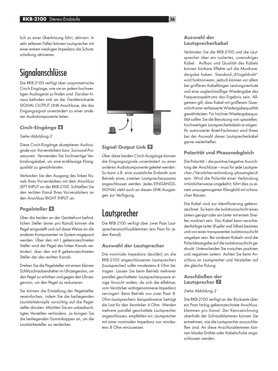 Signalanschlüsse, Lautsprecher | ROTEL RKB-2100 User Manual | Page 36 / 56