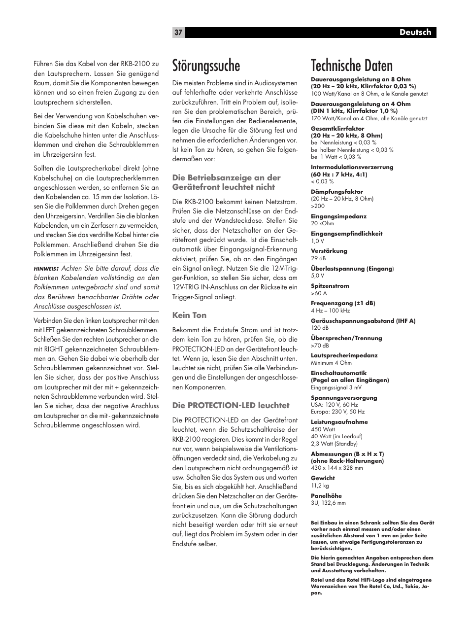 Störungssuche, Technische daten, Deutsch | ROTEL RKB-2100 User Manual | Page 37 / 56