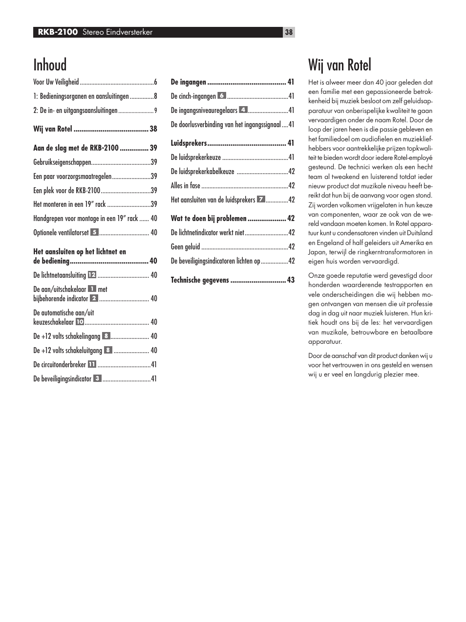 Wij van rotel, Inhoud | ROTEL RKB-2100 User Manual | Page 38 / 56