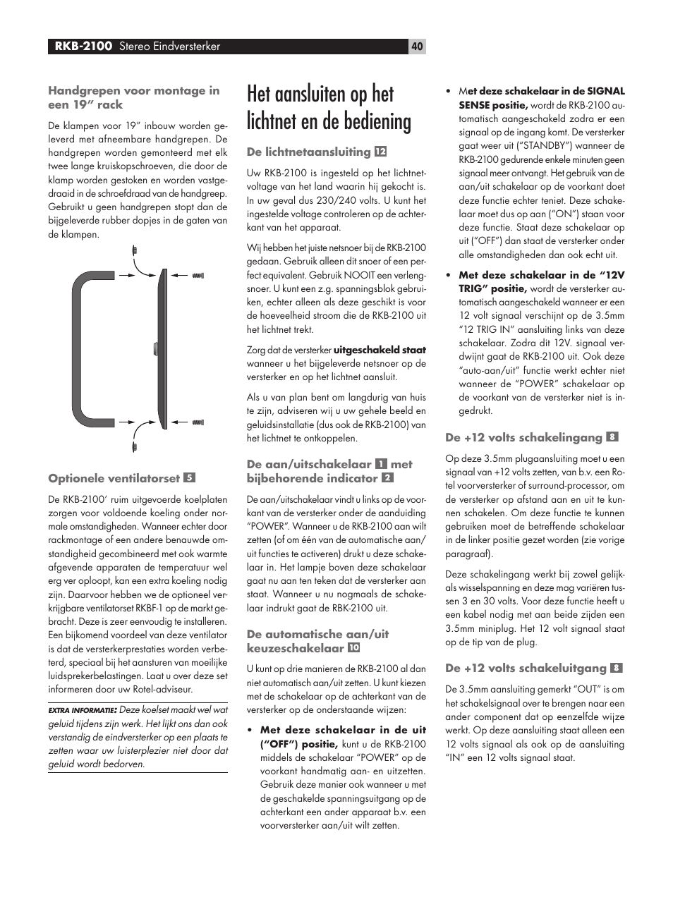 Het aansluiten op het lichtnet en de bediening | ROTEL RKB-2100 User Manual | Page 40 / 56