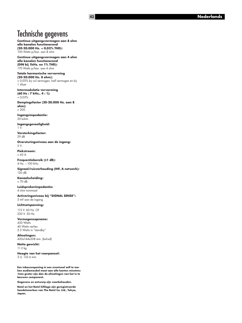 Technische gegevens, Nederlands | ROTEL RKB-2100 User Manual | Page 43 / 56