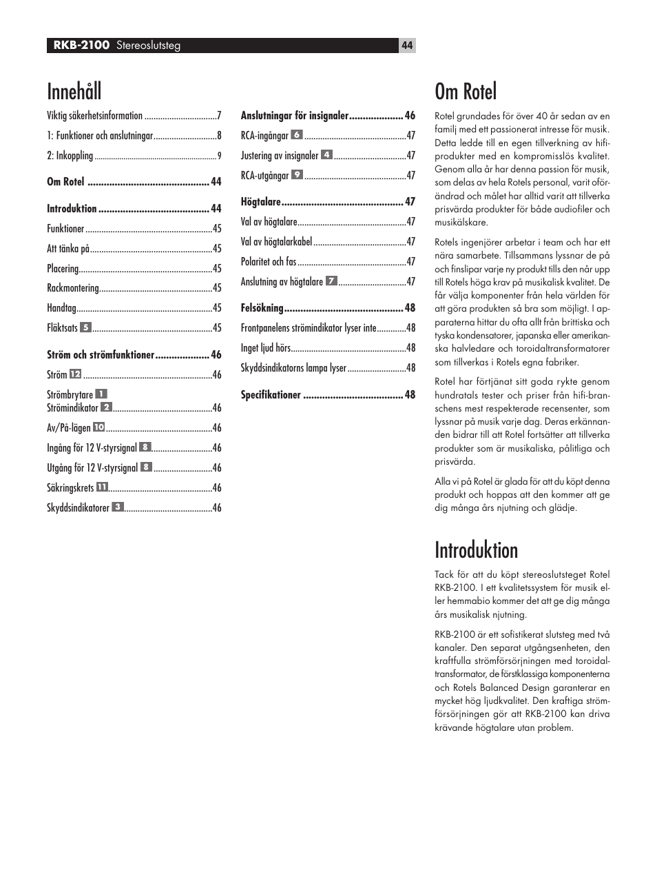 Om rotel, Introduktion, Innehåll | ROTEL RKB-2100 User Manual | Page 44 / 56