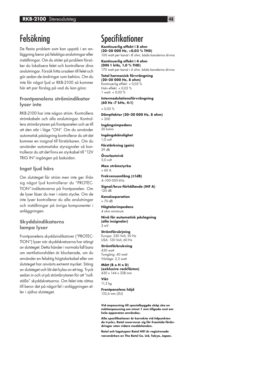 Felsökning, Speciﬁkationer, Rkb-2100 stereoslutsteg | ROTEL RKB-2100 User Manual | Page 48 / 56