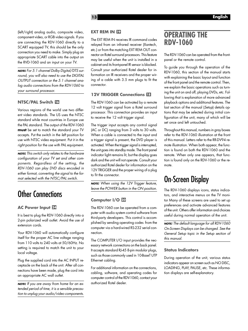 Ntsc/pal switch, Other connections, Ac power input | Ext rem in, 12v trigger connections, Computer i/o, Operating the rdv-1060, On-screen display, Status indicators, Selection indicators | ROTEL DVD Audio/Video Player RDV-1060 User Manual | Page 13 / 32