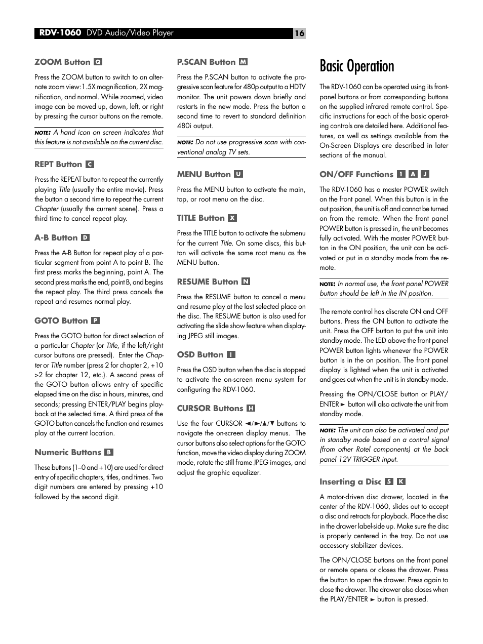 Zoom button, Rept button, A-b button | Goto button, Numeric buttons, P.scan button, Menu button, Title button, Resume button, Osd button | ROTEL DVD Audio/Video Player RDV-1060 User Manual | Page 16 / 32