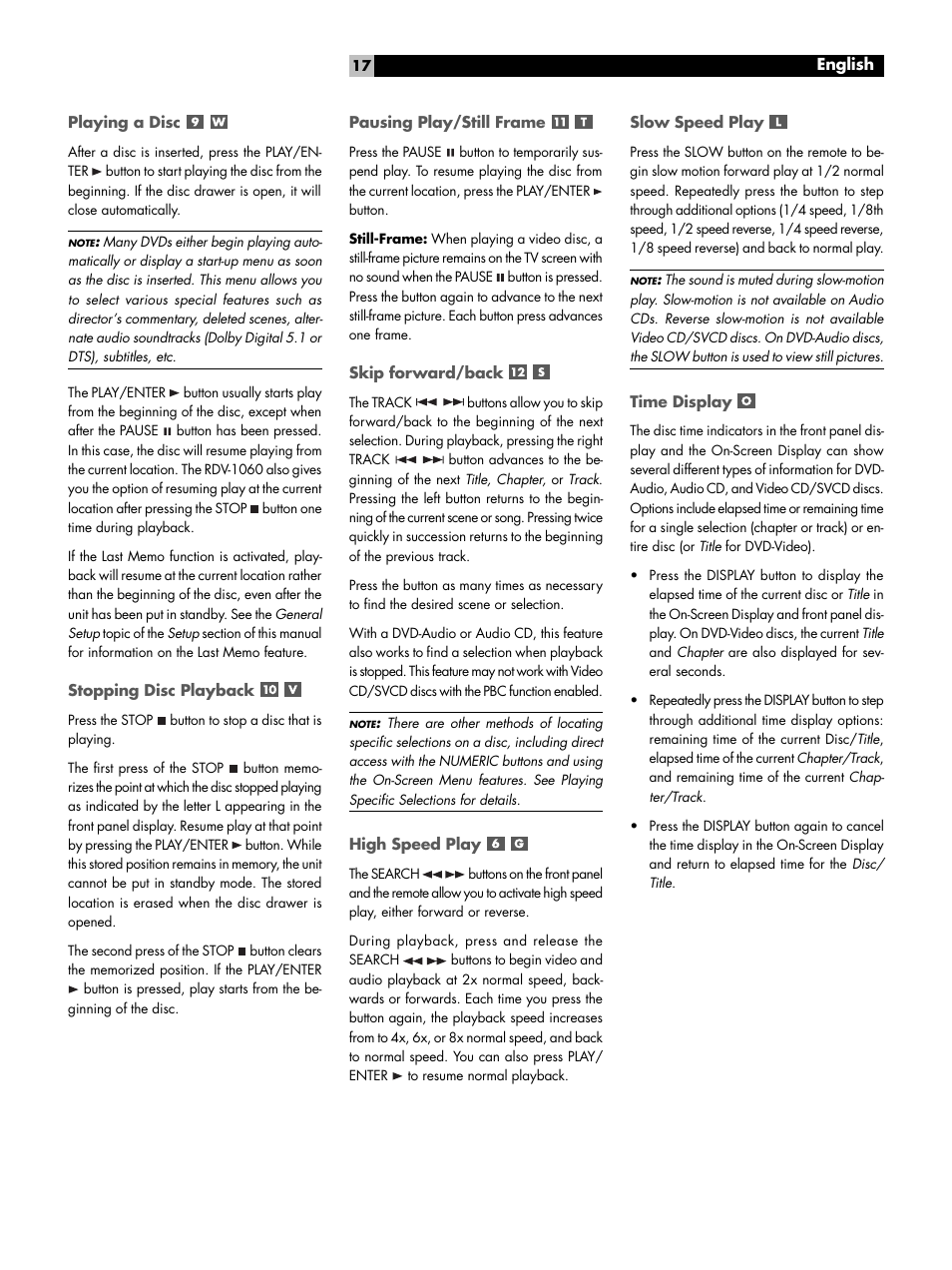 Playing a disc, Stopping disc playback, Pausing play/still frame | Skip forward/back, High speed play, Slow speed play, Time display, Advanced features | ROTEL DVD Audio/Video Player RDV-1060 User Manual | Page 17 / 32