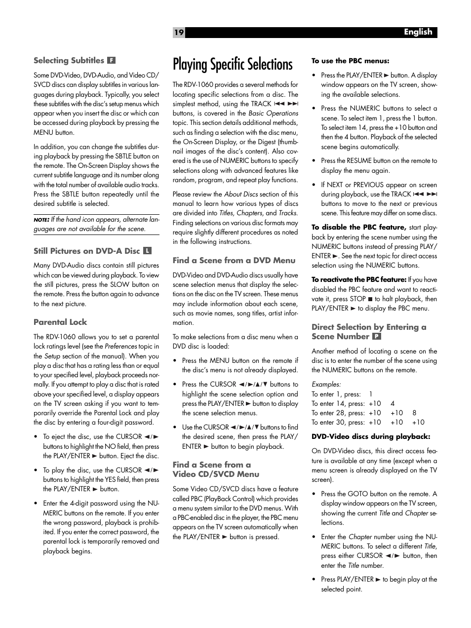 Selecting subtitles, Still pictures on dvd-a disc, Parental lock | Playing specific selections, Find a scene from a dvd menu, Find a scene from a video cd/svcd menu, Direct selection by entering a scene number | ROTEL DVD Audio/Video Player RDV-1060 User Manual | Page 19 / 32