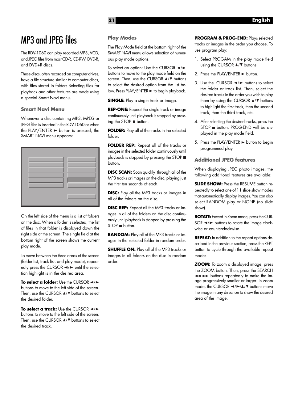 Mp3 and jpeg files, Smart navi menu, Play modes | Additional jpeg features, Setup | ROTEL DVD Audio/Video Player RDV-1060 User Manual | Page 21 / 32