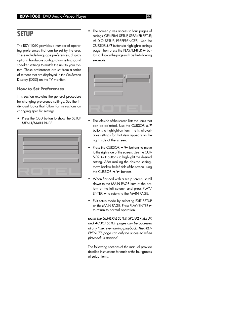 Setup, How to set preferences, General setup | ROTEL DVD Audio/Video Player RDV-1060 User Manual | Page 22 / 32